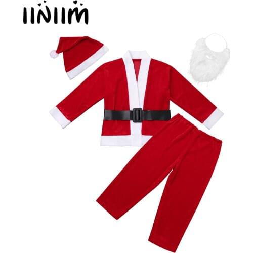 Iiniim Kids Boys Santa Christmas Costumes Clothing Long Sleeves Tops with Hat Beard Trousers Belt Set Cosplay Party Dress Up
