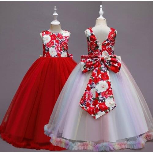 Red Kids Flower Girl Dresses Tulle Floral First Communion Floral Long Dresses Puff sleeves Bow Knot Girl Wedding Party Frocks