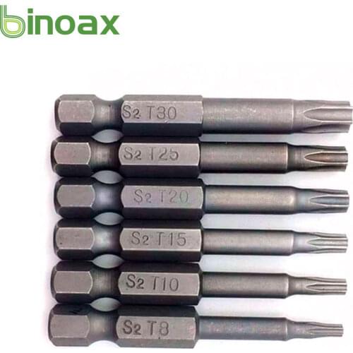 Binoax 6 pcs/set 50mm Magnetic Torx Screwdriver Bits 1/4" Hex Shank T8 T10 T15 T20 T25 T30