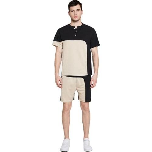 Mens casual splicing sportswear summer mens fitness suit short sleeve T-shirt + shorts quick drying 2-piece set