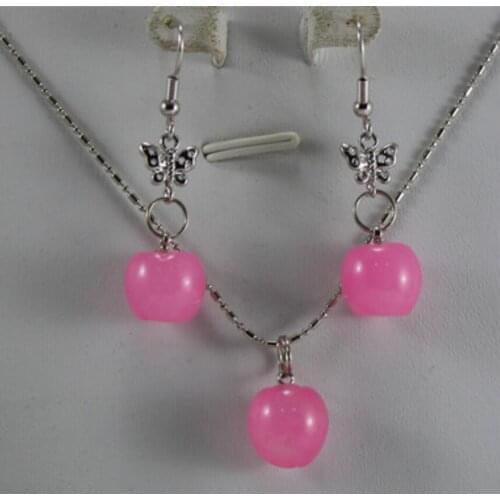 Lovely pink jade metal silver plated small Apple Pendant Earring Set