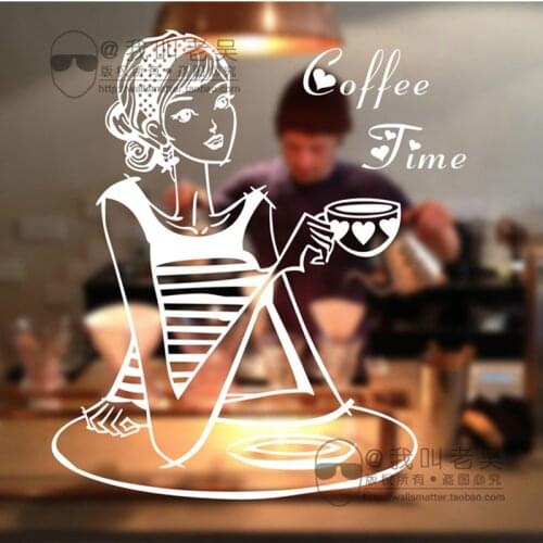 Coffee Shop Sticker Girl Milk tea Decal Cafe Cup Poster Vinyl Art Wall Decor Mural Decoration Bread Coffee Break Glass Decals