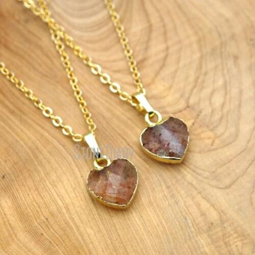 10Pcs Stawberry Quartz Chains Necklaces Gold Color Faceted Heart Shaped Chains Necklaces Outlet 16-20inch NM15659