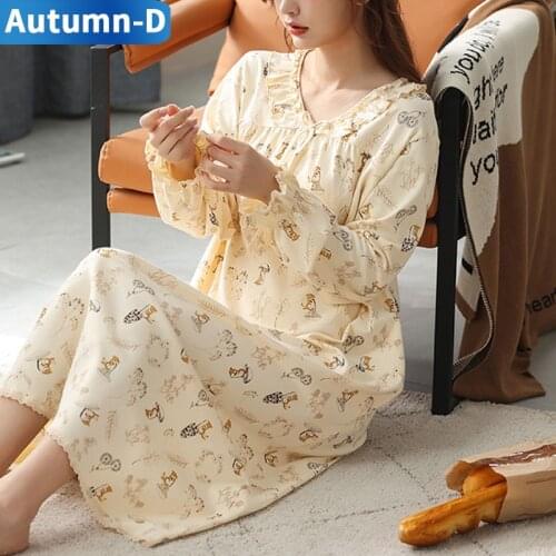 Autumn Night Dress Women Sleepwear Cotton Nightgowns Long Sleeve Home Clothes Large Size Nightie Femal Nightdress Printed Pajama