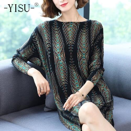 YISU New Soft Autumn Women clothing Sweater O-Neck Fashion Printing Tops Female Jumper Loose Casual Long Knitted pullove Long