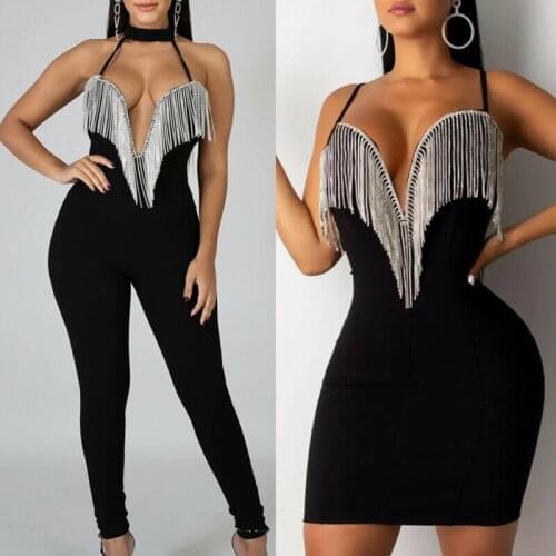 NEW Women Jumpsuit Sexy Ladies V-Neck Halter Strappy Bodycon Short Mini Party Jumper Romper Tassels Jumpsuits Woman Clubwear
