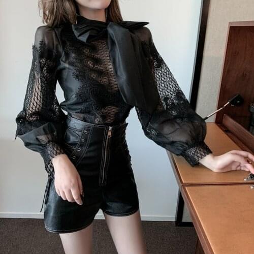 Autumn Outfits 2020 New Sexy Lace Perspective Long Puff Sleeve Lace-up Blouse Tops+High Waist Zipper Bandage PU Shorts Set
