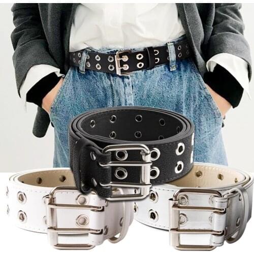 Fashion Women Punk Chain Belt Adjustable Black Double Eyelet Grommet Metal Buckle Leather Men Waistband For Jeans