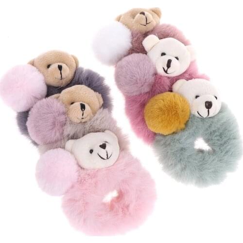 2pcs Bear Furry Elastic Hair Bands Korean Lovely Colorful Headbands Rope Tie Holder For Women Girls Fur