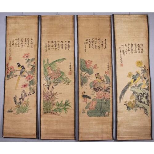 Adornment picture is hanged antique calligraphy and painting the living room four screen Flowers and birds