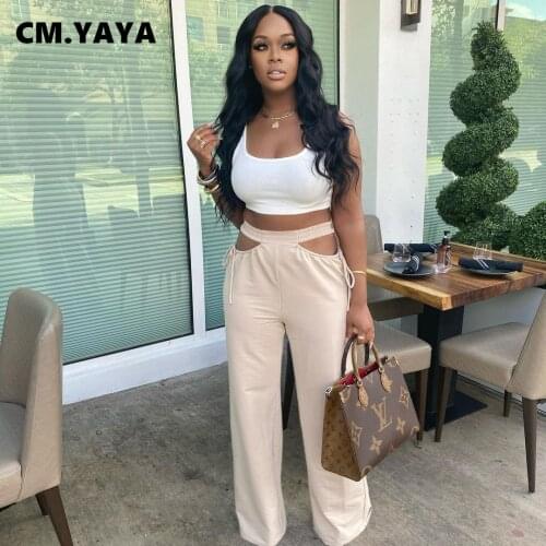 CM.YAYA Women Pants Solid Elastic Waist Drawstring Hollow Out Loose Straight Wide Leg Pants Female Casual Summer Trousers 2021