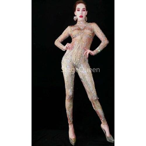 2020 Style Multi-color Rhinestones Nude Spandex Jumpsuit Women Singer Bar Leggings Prom Stage Wear Dancer Birthday DS DJ Outfit