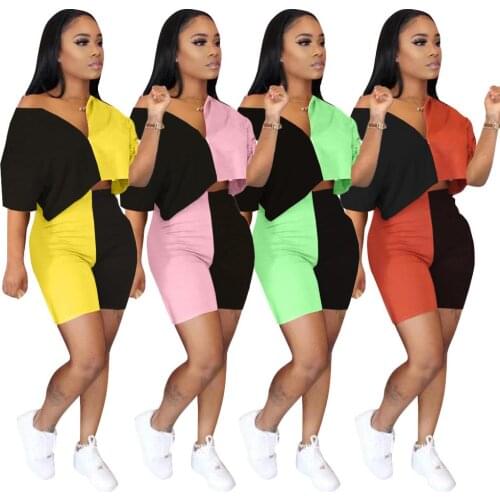 2020 Summer Women Two Pieces Set Tracksuits Short Sleeve V-Neck Tops+Shorts Suits Sexy Night Sporty Patchwork Outfits