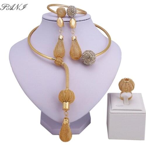 Fani Dubai Gold Color Jewelry Set Nigerian Wedding woman Jewelry Set Wholesale Saudi Bracelet Earring Ring Jewelry Set
