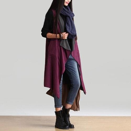 New womens vest on both sides casual loose coat female trench coat large size cotton linen color matching coat soft outerwear