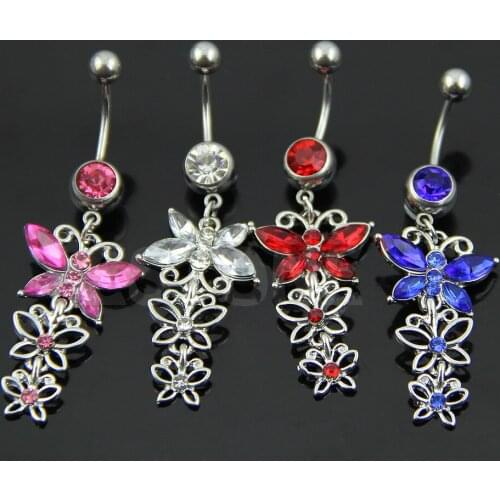New Arrive Swing Butterfly Belly Bar with Gem 316L Surgical Steel Navel Bell Button Ring for Women 4colors 12pcs/lot Hot Sale