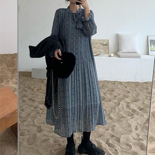 2020 New Vintage Floral Elegant Maxi Dress Women Long Sleeve Bow Collar Female Chiffon Dresses Plus Size Vestidos 15 Colors