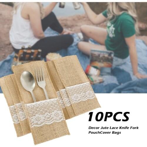 10PCS Burlap Lace Cutlery Pouch Wedding Tableware Knife Fork Holder Bag Rustic Hessian Jute Table Decoration Accessories