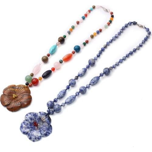 3pcs Boho Necklace Natural Stone Rhodonite Rock Carve Flower Agates Beads Hand Knot Rope Accessories Necklaces For Women Free