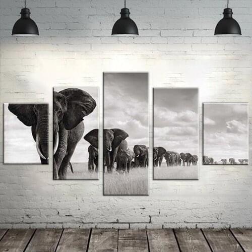 Frame Pictures Home Decor Living Room 5 Piece/Pcs Grassland Elephants HD Printed Modern Canvas Painting Wall Art Modular Poster