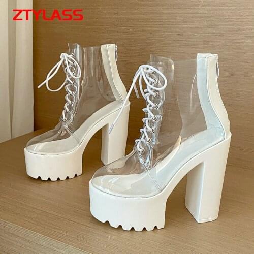 Fashion Cross Tied Square High Heel Platform Shoes Women Zipper Transparent Summer Ankle Boots Ladies Zipper Round Toe Boots