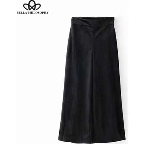 HStar 2020 women loose wide leg pants velvet solid black calf length pants vintage fashion empire wide leg pants