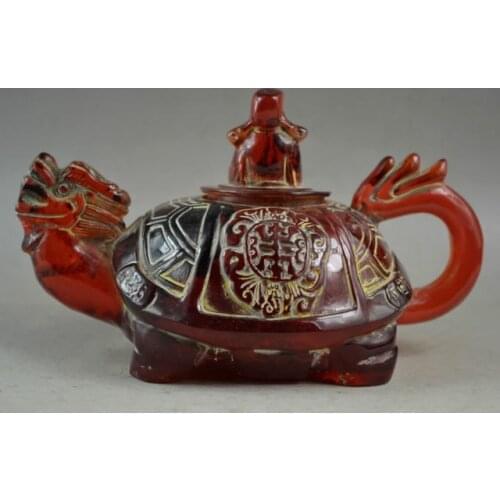 Exquisito coleccionismo chino antiguo artesanal resina tallado dragón y Dios de la riqueza tetera
