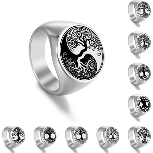 Tree of Life Stainless Steel Rings Delicate Round Tree Finger Ring Retro Pattern Jewelry Gift for Men Women Valentines Day Gift
