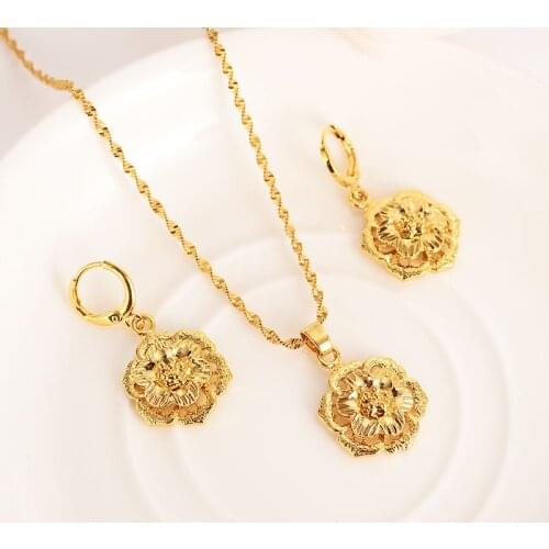 Fine Solid Gold Finish vintage flower rose Jewelry sets Pendant Necklaces Women African Jewelry wedding bridal charms party