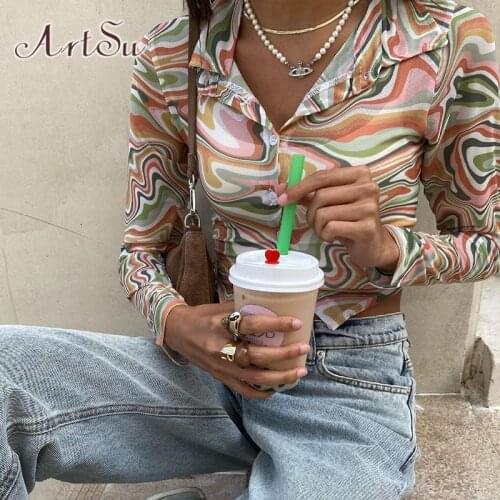 ArtSu Mesh Crop Top Y2K Clothes Turn-Down Collar Cardigan Long Sleeve Shirt Blouses Women Casual Green Collared Button Up Shirt