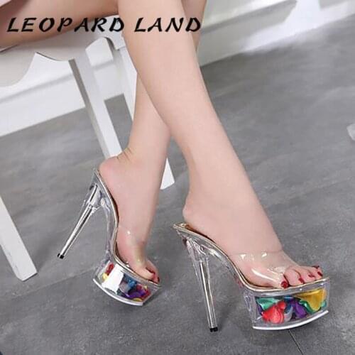 LEOPARD LAND sexy high heel shoes 15CM fine waterproof table slippers transparent crystal shoes wedding shoes banquet LFD-190-5