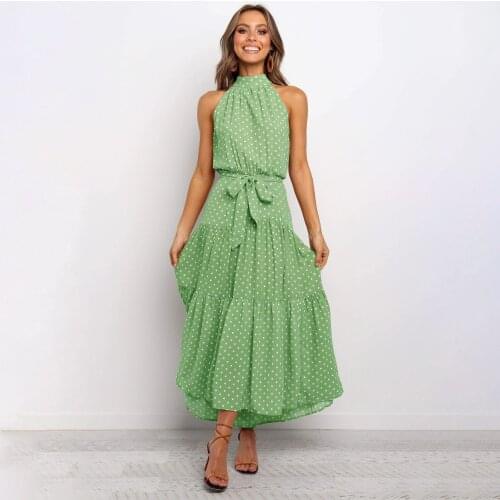 Summer Maxi Dress Halter Neck Polka Dot Printed Women 2021Dress Big Hem Sleeveless Belt Multicolor Printing Fashion Dresses