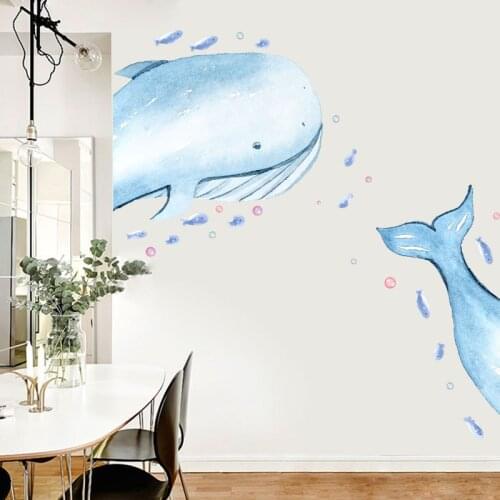 Cartoon Creative Blue Whale Wall Stickers for Kids Rooms Boys Bedroom Decor Mural Nursery Decals Wallpaper Warm Gift