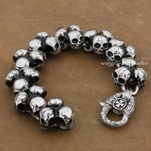 LINSION 316L Stainless Steel Skulls Chain Mens Biker Rocker Punk Bracelet 5D004