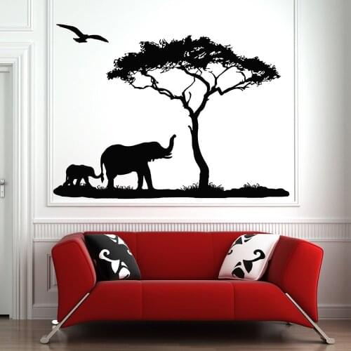 Mother Elephant Tree Wall Decal Sticker Africa Savanna Animal Zoo Nursery Kids Decor Jungle Animals Decals for Kids Rooms D722