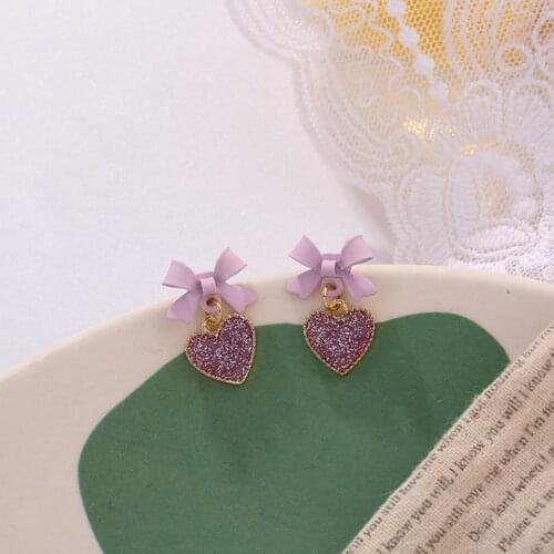 2021 New Korean style Purple Bow Sequin Love Heart Clip on Earrings Sweet Small Cute Heart-Shaped Clip Earrings For Women Decor