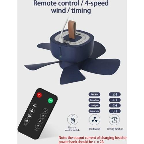 USB Powered Ceiling Fan Remote Control Timing 4 Speed Air Cooler USB Fan for Bed Camping Outdoor Hanging Camper Tents Hanger Fan