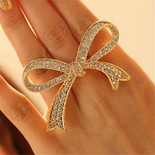 Adjustable Bowknot Rings for Women Girls Geometry Finger Accessories Shiny Zircon Opening Ring Wedding Fashion Jewelry Gifts