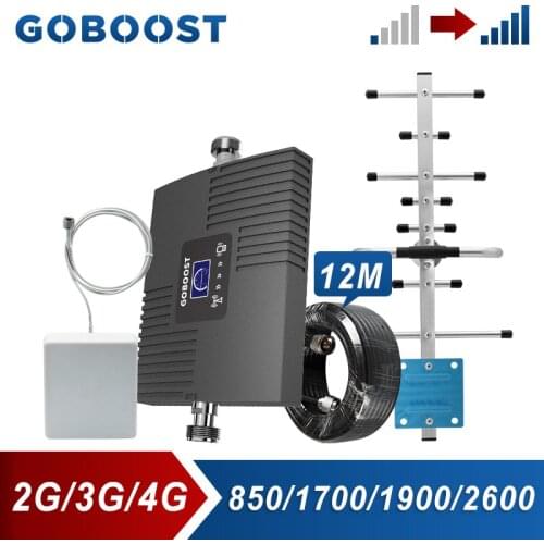GOBOOST Signal Repeater 2G 3G CDMA 850 LTE 4G 1700 1900 2600 MHz Cell Phone Signal Booster Data Voice Amplifier Withs 12M Cable