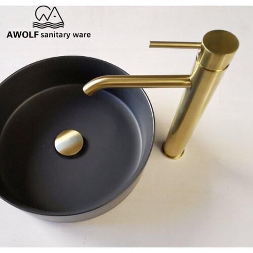 Basin Faucet Brushed Gold Solid Brass Modren Bathroom Sink Faucet Mixer Tap Deck Mounted High Size Hot Cold Mixer ML8023