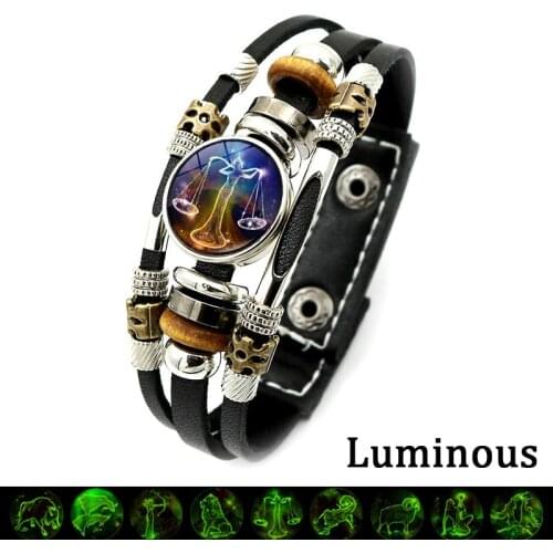 Luminous 12 Constellation Vintage Bracelet Zodiac Sign Snap Button Multilayer Leather Bangle Bracelet Men Jewelry Birthday Gifts