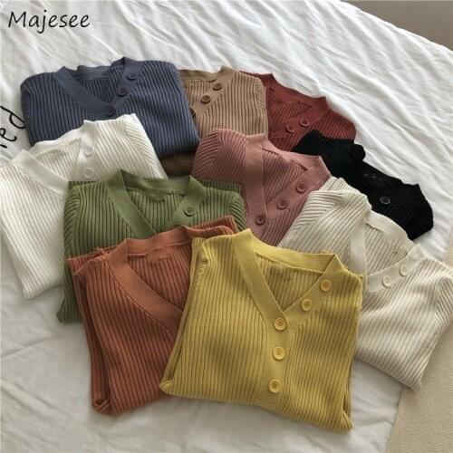 Sweater Pullovers Womens Single Breasted Solid V-neck Kintting Warm Simple High Elasticity Slim Ladies All-match Vintage Soft