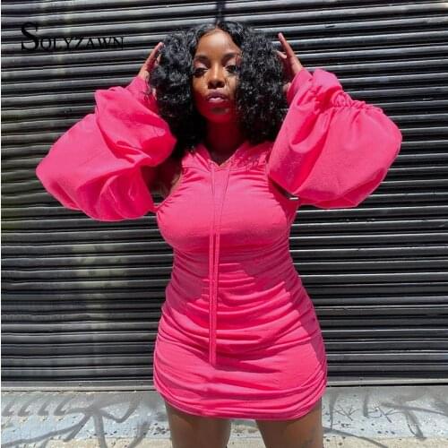 Streetwear Puff Sleeve Hooded Dress 2020 Autumn Sexy Off Shoulder Dresses Ruched Bodycon Party Night Backless Mini Dress Vestido