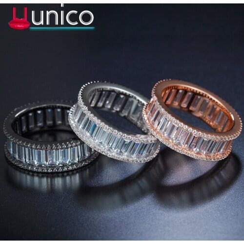 UUNICO 3 Row Lines Clear zricon Wedding Rings For Fashion Rhinestone Stainless Steel Female Teen Women Jewelry
