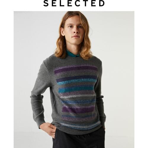 SELECTED Mens Colorful Stripe Knit Contrast Stitching Wool Sweater S|419425511