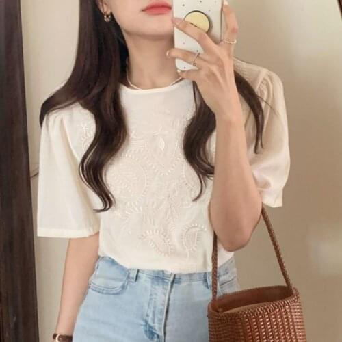 Alien Kitty Apricot Sweet Summer Embroidery Chic Casual Blouses Puff Sleeves Office Lady New Hot OL All Match Women Shirts Tops
