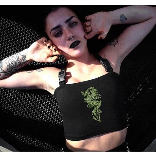 2021 Summer New Dragon Embroidered Camisole Trendy Tanks for Women Sexy Gothic Short Tops Female Strap Clothing Streetwear