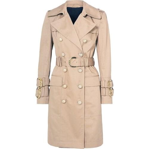 High-quality 2020 brand new fashion khaki double-breasted lapel long-sleeved cufflinks belt slim white belt women trench coat