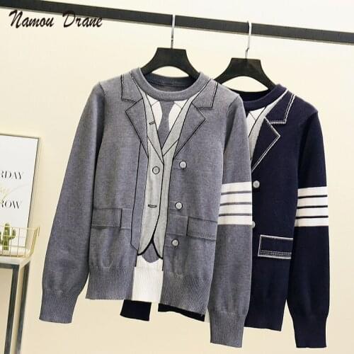 2021 Early Spring New Round Neck Pullover Sweater Women Fake Two-piece Suit Printing Blouse Retro Long-sleeved T-shirt Women