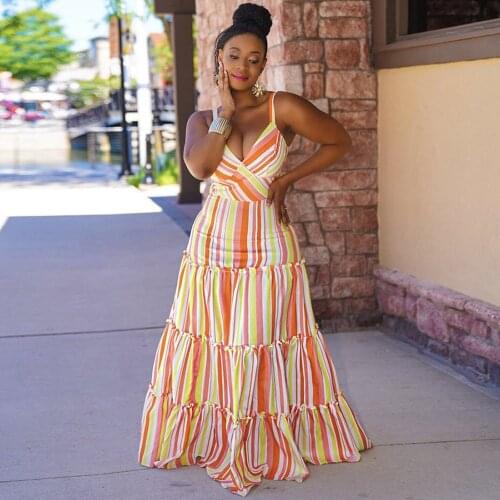 ZJFZML ZZ Women Clothing Dresses Plus Size Striped Print Spaghetti Strap Backless Pleated Maxi Dress Dropshipping Wholesale